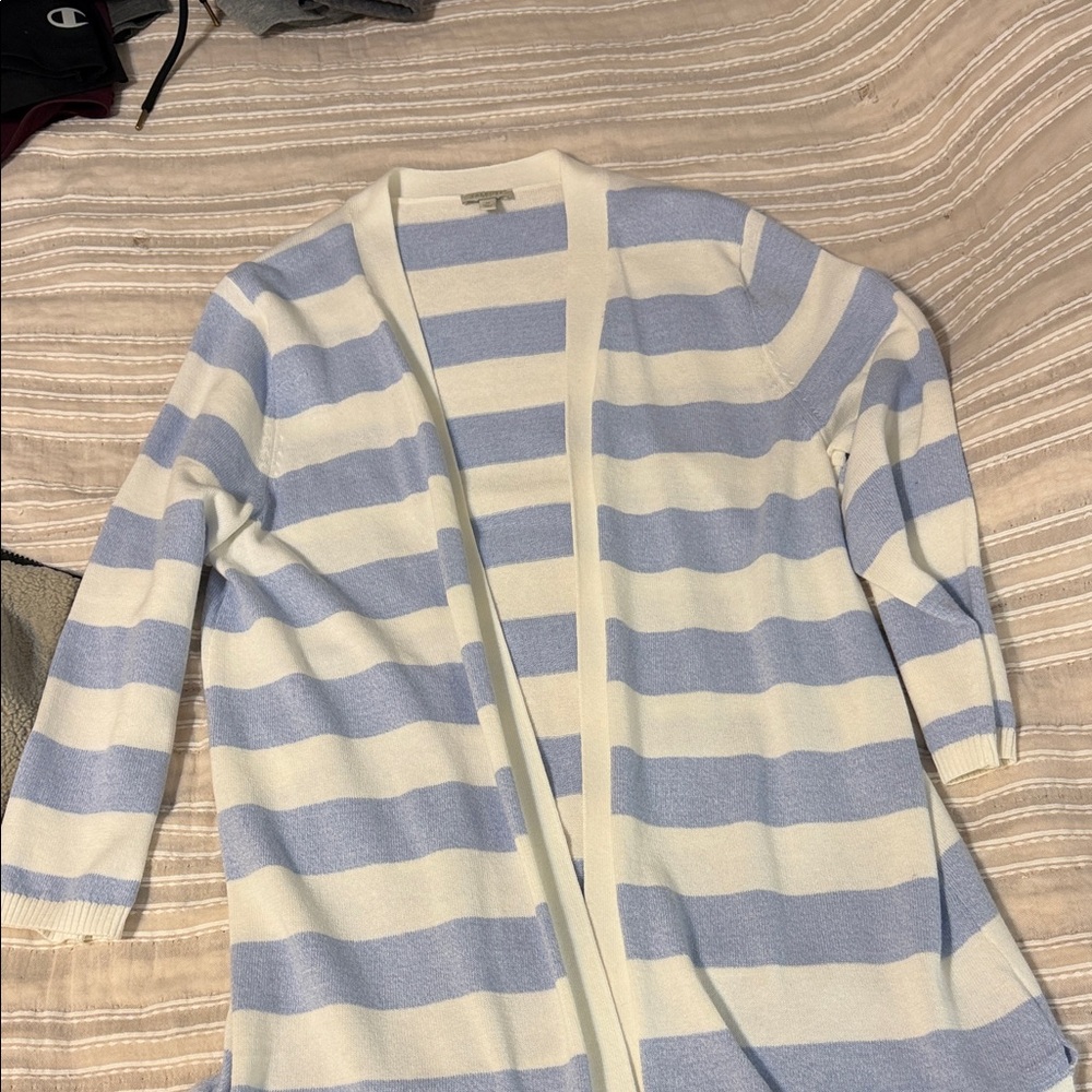 Talbots Relaxed Open-Front Striped Cardigan in Light Blue and White